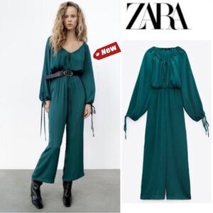ZARA DARK TEAL AQUAMARINE SATIN EFFECT V-NECK LONG SLEEVE JUMPSUIT Sz S NWT
